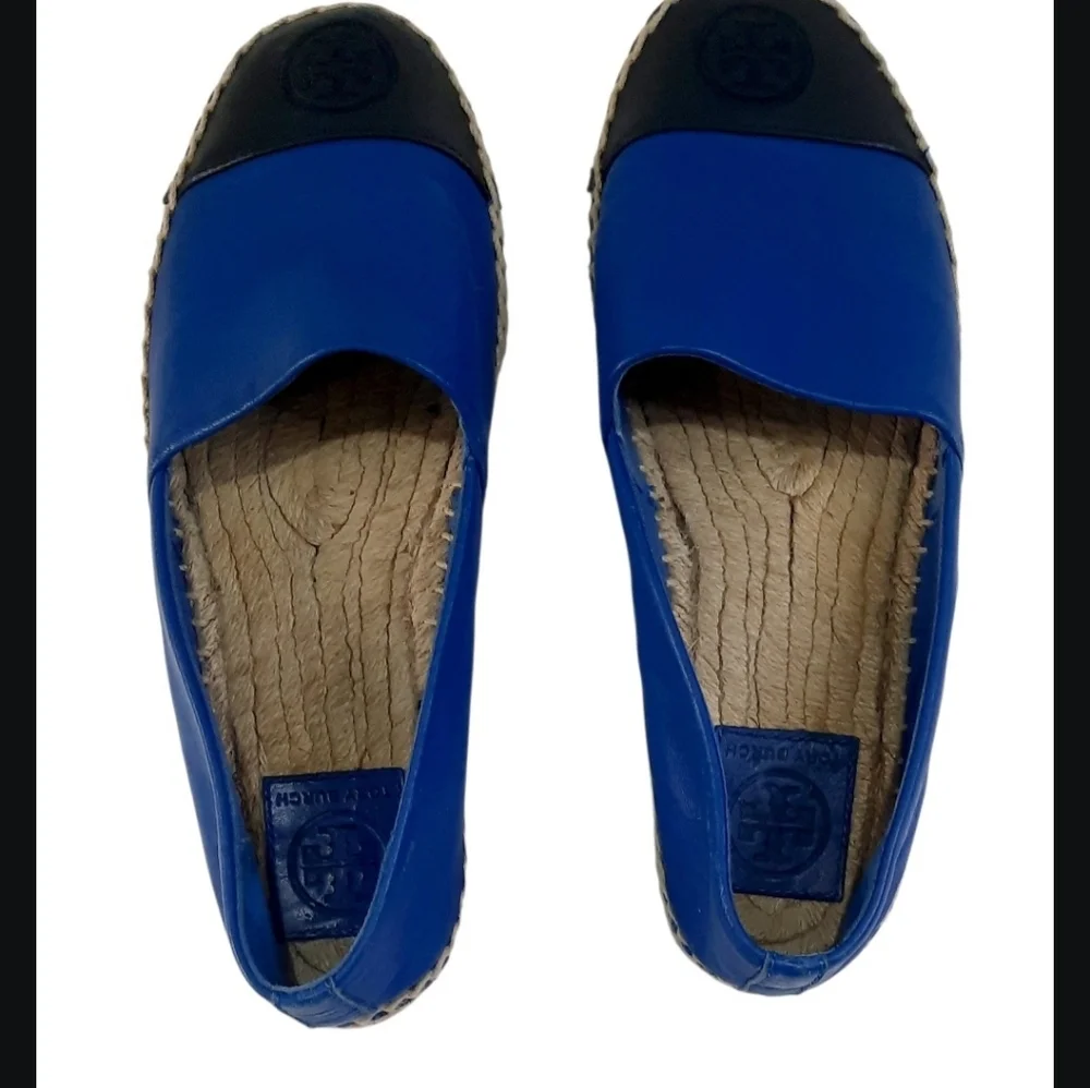 Tory Burch Color-Block Flat Espadrilles in Jelly Blue and Tory Navy.